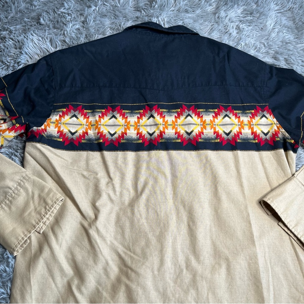 Wrangler Rustler Shirt Mens Large Pearl Snap Southwestern Cowboy Rodeo Blue Tan - Picture 8 of 8